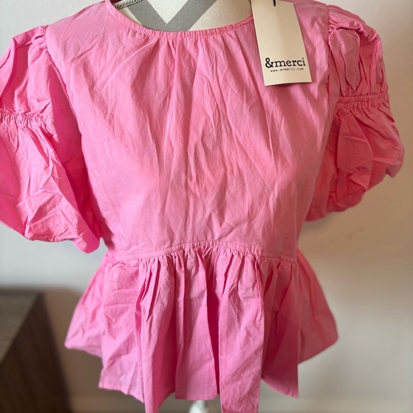 Womens &merci Pink Puff Sleeve Peplum Top - Picture 3 of 10